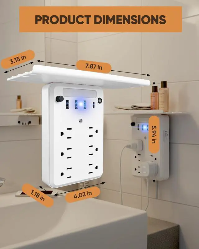 Alt view image 7 of 7 - Saker Multi-Plug Outlet with Night Light,Wall Outlet Extender Surge Protector with 6 AC Outlets, 4 USB Ports(1 USB C), Overtop Power Charger with Outlet Shelf for Homes and Dormitories
