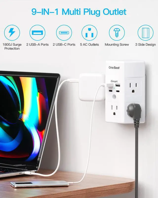 Alt view image 2 of 7 - 2 Pack Multi Plug Outlet, Surge Protector, 5 Outlet Extender with 4 USB Charging Ports (2 USB C), USB Wall Charger, 3-Sided 1800J Power Strip Outlets Splitter Wall Plug Adapter Spaced for Home Office