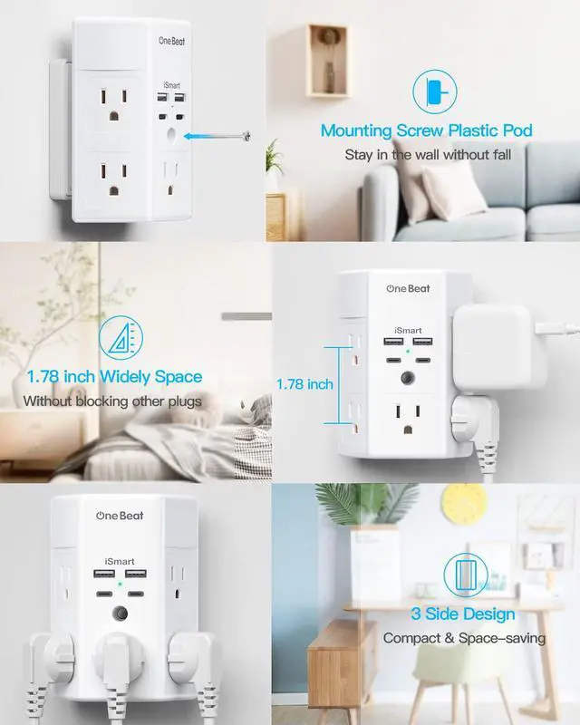 Alt view image 4 of 7 - 2 Pack Multi Plug Outlet, Surge Protector, 5 Outlet Extender with 4 USB Charging Ports (2 USB C), USB Wall Charger, 3-Sided 1800J Power Strip Outlets Splitter Wall Plug Adapter Spaced for Home Office