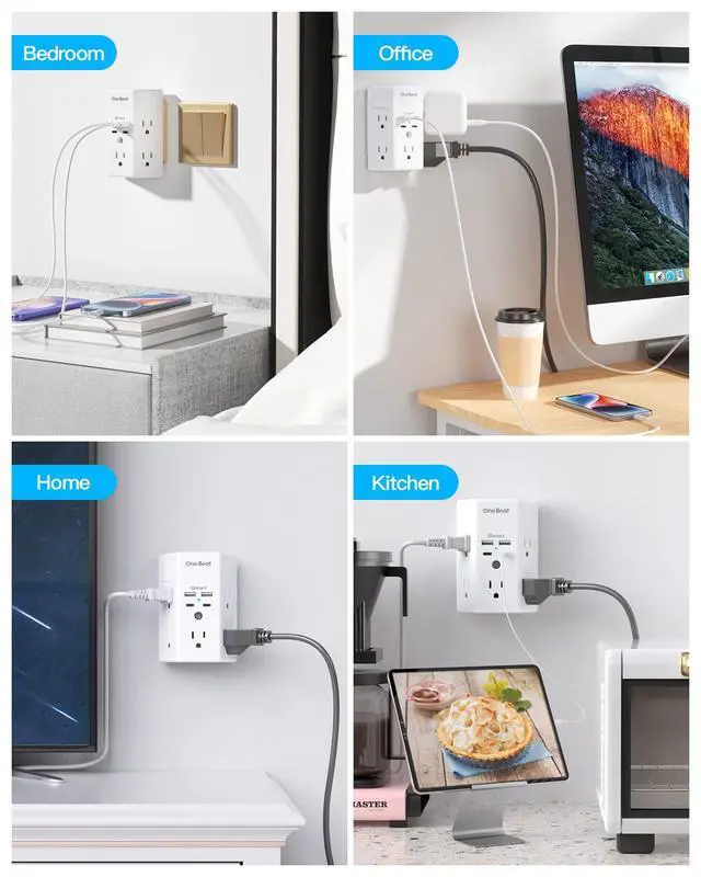 Alt view image 6 of 7 - 2 Pack Multi Plug Outlet, Surge Protector, 5 Outlet Extender with 4 USB Charging Ports (2 USB C), USB Wall Charger, 3-Sided 1800J Power Strip Outlets Splitter Wall Plug Adapter Spaced for Home Office