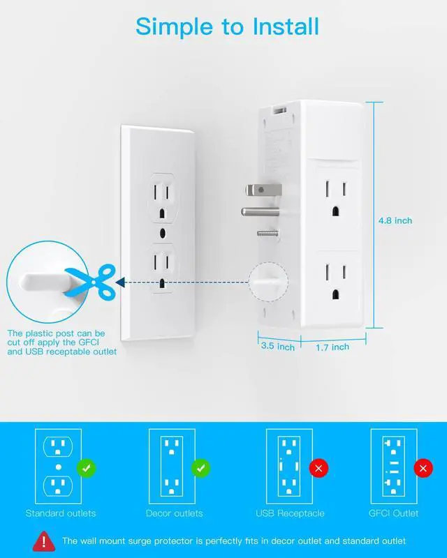 Alt view image 7 of 7 - 2 Pack Multi Plug Outlet, Surge Protector, 5 Outlet Extender with 4 USB Charging Ports (2 USB C), USB Wall Charger, 3-Sided 1800J Power Strip Outlets Splitter Wall Plug Adapter Spaced for Home Office