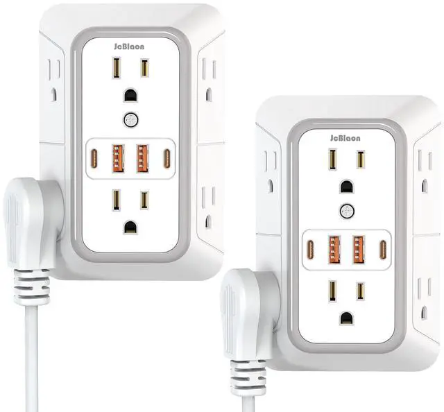 Main image of 2 Pack Wall Charger, Surge Protector 6 Outlet Extender Multi Plug Wall Outlets with 4 USB Charging Ports (2 USB C Outlet) 3 Sided 1050J Power Strip Wall Adapter Spaced for Home Travel Office