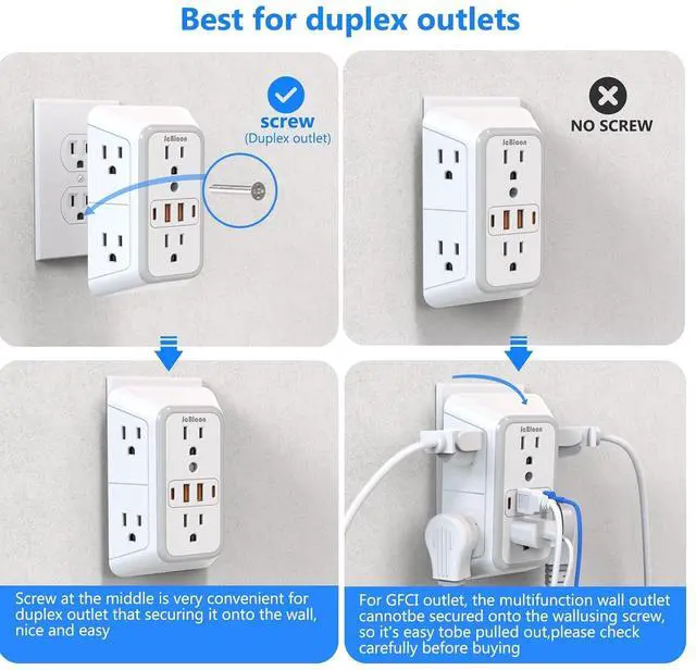 Alt view image 2 of 7 - 2 Pack Wall Charger, Surge Protector 6 Outlet Extender Multi Plug Wall Outlets with 4 USB Charging Ports (2 USB C Outlet) 3 Sided 1050J Power Strip Wall Adapter Spaced for Home Travel Office
