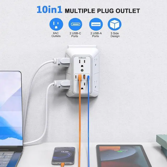 Alt view image 4 of 7 - 2 Pack Wall Charger, Surge Protector 6 Outlet Extender Multi Plug Wall Outlets with 4 USB Charging Ports (2 USB C Outlet) 3 Sided 1050J Power Strip Wall Adapter Spaced for Home Travel Office