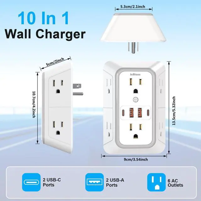 Alt view image 7 of 7 - 2 Pack Wall Charger, Surge Protector 6 Outlet Extender Multi Plug Wall Outlets with 4 USB Charging Ports (2 USB C Outlet) 3 Sided 1050J Power Strip Wall Adapter Spaced for Home Travel Office