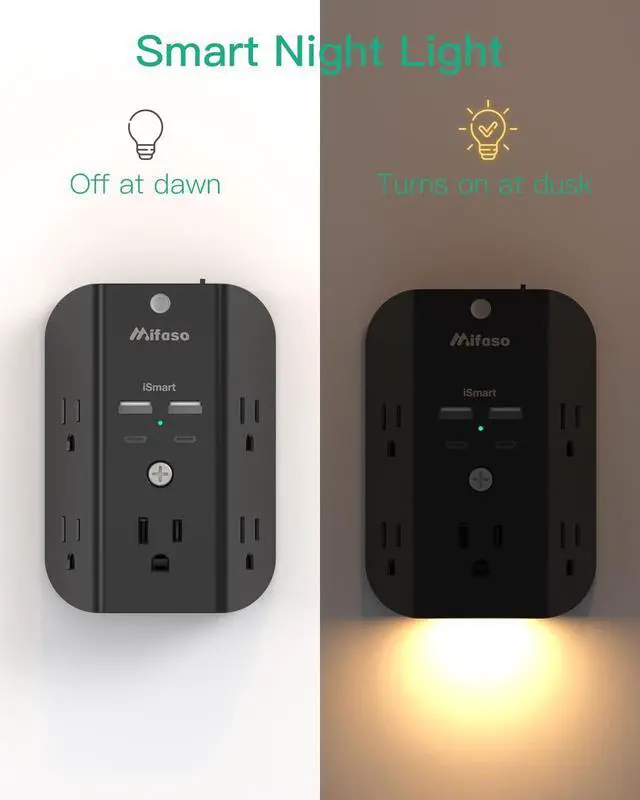 Alt view image 2 of 7 - Surge Protector Outlet Extender with Night Light, 5-Outlet Splitter and 4 USB Ports (2 USB C Charger), Multi Plug Wall Outlet for Home, Dorm Room Essentials