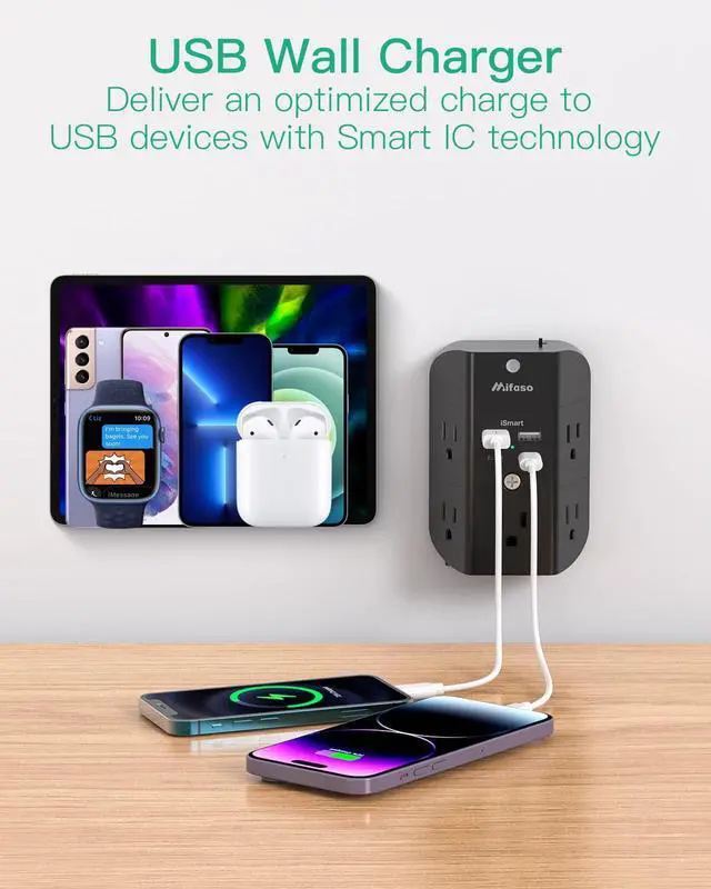 Alt view image 3 of 7 - Surge Protector Outlet Extender with Night Light, 5-Outlet Splitter and 4 USB Ports (2 USB C Charger), Multi Plug Wall Outlet for Home, Dorm Room Essentials