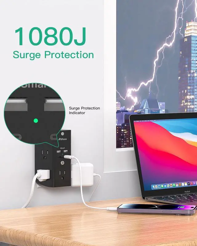 Alt view image 4 of 7 - Surge Protector Outlet Extender with Night Light, 5-Outlet Splitter and 4 USB Ports (2 USB C Charger), Multi Plug Wall Outlet for Home, Dorm Room Essentials