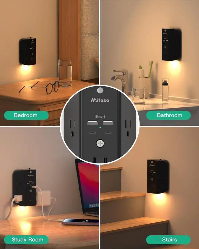 Alt view image 6 of 7 - Surge Protector Outlet Extender with Night Light, 5-Outlet Splitter and 4 USB Ports (2 USB C Charger), Multi Plug Wall Outlet for Home, Dorm Room Essentials