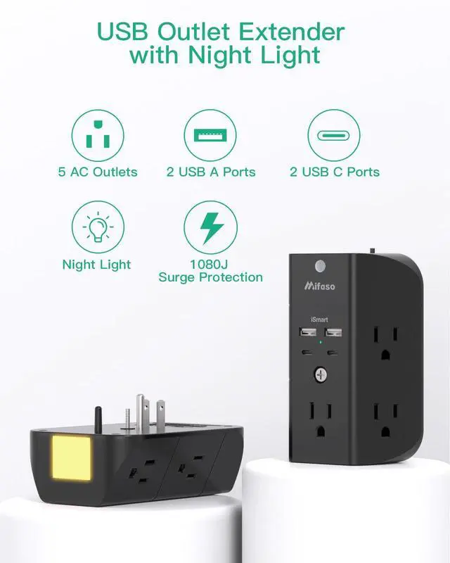 Alt view image 7 of 7 - Surge Protector Outlet Extender with Night Light, 5-Outlet Splitter and 4 USB Ports (2 USB C Charger), Multi Plug Wall Outlet for Home, Dorm Room Essentials