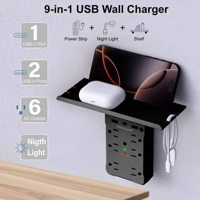 Alt view image 2 of 7 - shiningwell Wall Outlet Extender with Shelf and Night Light, Surge Protector with 3 USB Ports (2A+1C) and 6 AC Outlets, Multi Plug Power Strip Electric Outlet Splitter for Home and Office Use (Black)