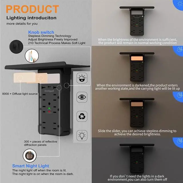 Alt view image 5 of 7 - shiningwell Wall Outlet Extender with Shelf and Night Light, Surge Protector with 3 USB Ports (2A+1C) and 6 AC Outlets, Multi Plug Power Strip Electric Outlet Splitter for Home and Office Use (Black)