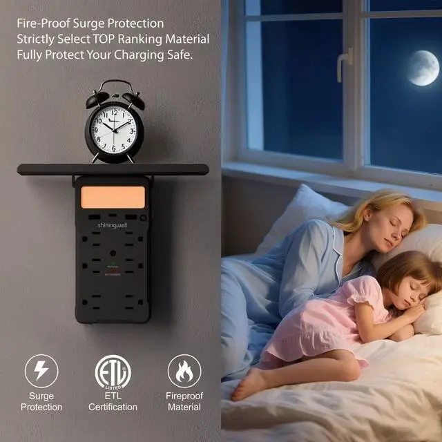 Alt view image 6 of 7 - shiningwell Wall Outlet Extender with Shelf and Night Light, Surge Protector with 3 USB Ports (2A+1C) and 6 AC Outlets, Multi Plug Power Strip Electric Outlet Splitter for Home and Office Use (Black)