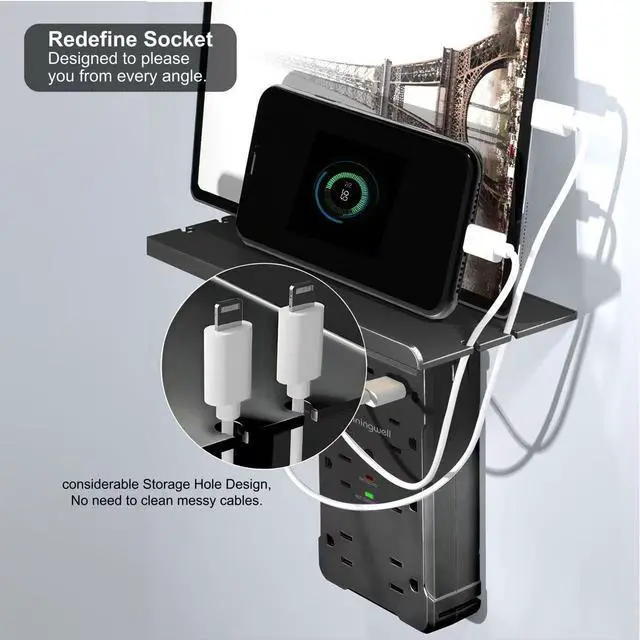 Alt view image 7 of 7 - shiningwell Wall Outlet Extender with Shelf and Night Light, Surge Protector with 3 USB Ports (2A+1C) and 6 AC Outlets, Multi Plug Power Strip Electric Outlet Splitter for Home and Office Use (Black)