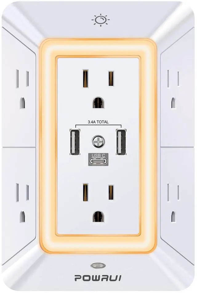 Main image of POWRUI Multi Plug 6 Outlet Surge Protector Extender with 3 USB Ports (1 USB C) and Night Light, 3-Sided Power Strip with Adapter Spaced Outlets, ETL Listed, White