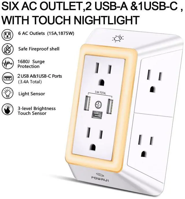 Alt view image 2 of 7 - POWRUI Multi Plug 6 Outlet Surge Protector Extender with 3 USB Ports (1 USB C) and Night Light, 3-Sided Power Strip with Adapter Spaced Outlets, ETL Listed, White