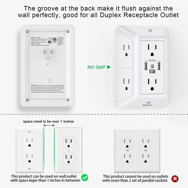 Alt view image 3 of 7 - POWRUI Multi Plug 6 Outlet Surge Protector Extender with 3 USB Ports (1 USB C) and Night Light, 3-Sided Power Strip with Adapter Spaced Outlets, ETL Listed, White