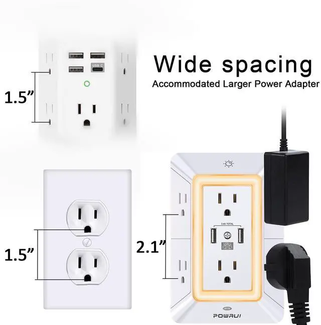 Alt view image 7 of 7 - POWRUI Multi Plug 6 Outlet Surge Protector Extender with 3 USB Ports (1 USB C) and Night Light, 3-Sided Power Strip with Adapter Spaced Outlets, ETL Listed, White