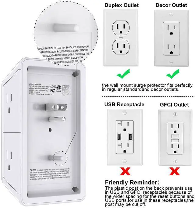 Alt view image 6 of 7 - POWRUI Multi Plug 6 Outlet Surge Protector Extender with 3 USB Ports (1 USB C) and Night Light, 3-Sided Power Strip with Adapter Spaced Outlets, ETL Listed, White