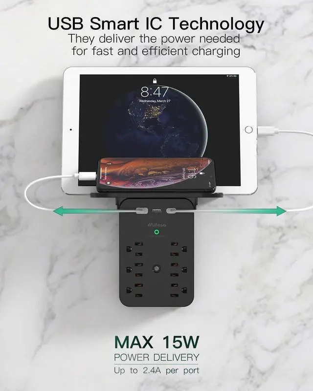 Alt view image 4 of 7 - Wall Outlet Extender - Surge Protector 6 AC Outlets Multi Plug Outlet with Shelf, 2 USB and USB C Charging Ports Wall Plug Expander, USB Wall Charger Outlet Splitter for Home (Black)