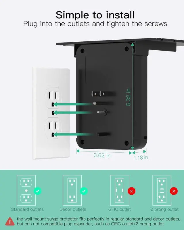 Alt view image 6 of 7 - Wall Outlet Extender - Surge Protector 6 AC Outlets Multi Plug Outlet with Shelf, 2 USB and USB C Charging Ports Wall Plug Expander, USB Wall Charger Outlet Splitter for Home (Black)