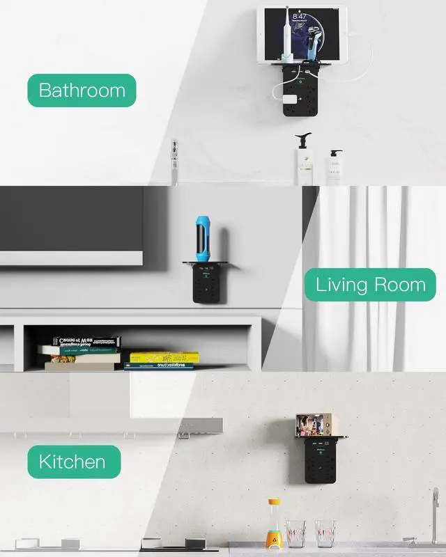 Alt view image 7 of 7 - Wall Outlet Extender - Surge Protector 6 AC Outlets Multi Plug Outlet with Shelf, 2 USB and USB C Charging Ports Wall Plug Expander, USB Wall Charger Outlet Splitter for Home (Black)