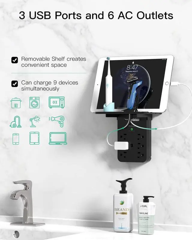 Alt view image 2 of 7 - Wall Outlet Extender - Surge Protector 6 AC Outlets Multi Plug Outlet with Shelf, 2 USB and USB C Charging Ports Wall Plug Expander, USB Wall Charger Outlet Splitter for Home (Black)