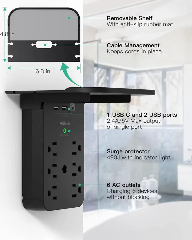 Alt view image 3 of 7 - Wall Outlet Extender - Surge Protector 6 AC Outlets Multi Plug Outlet with Shelf, 2 USB and USB C Charging Ports Wall Plug Expander, USB Wall Charger Outlet Splitter for Home (Black)
