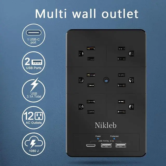Alt view image 2 of 7 - Multi Plug Outlet Extender Nikleb, Surge Protector 12 Outlets, Wall Plug with 2 USB+ USB C Ports Total 3.1A, Charger Blocks Wall Mount, Outlet Splitter Heavy Duty for Home, Office, Garage Improvement
