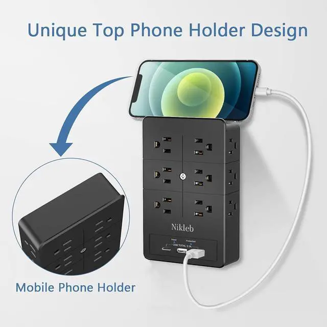 Alt view image 4 of 7 - Multi Plug Outlet Extender Nikleb, Surge Protector 12 Outlets, Wall Plug with 2 USB+ USB C Ports Total 3.1A, Charger Blocks Wall Mount, Outlet Splitter Heavy Duty for Home, Office, Garage Improvement