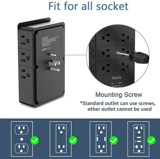 Alt view image 3 of 7 - Multi Plug Outlet Extender Nikleb, Surge Protector 12 Outlets, Wall Plug with 2 USB+ USB C Ports Total 3.1A, Charger Blocks Wall Mount, Outlet Splitter Heavy Duty for Home, Office, Garage Improvement