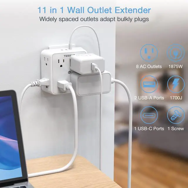 Alt view image 2 of 7 - Surge Protector 8 Outlet Extender, TESSAN Multi Outlet Splitter with 3 USB Wall Charger (1 USB C), 3-Sided Multiple Plug Power Strip 1700J, Charging Station for Home Office Dorm Room Essentials