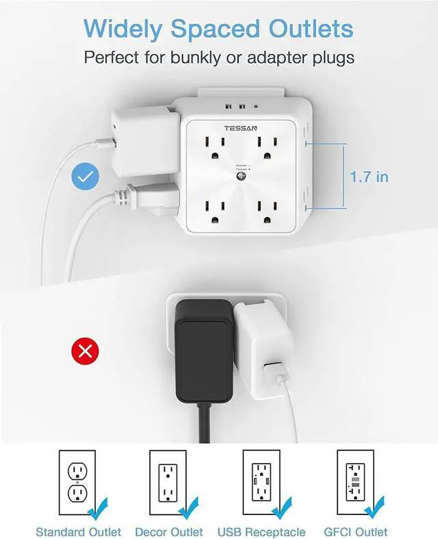 Alt view image 5 of 7 - Surge Protector 8 Outlet Extender, TESSAN Multi Outlet Splitter with 3 USB Wall Charger (1 USB C), 3-Sided Multiple Plug Power Strip 1700J, Charging Station for Home Office Dorm Room Essentials