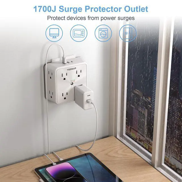 Alt view image 3 of 7 - Surge Protector 8 Outlet Extender, TESSAN Multi Outlet Splitter with 3 USB Wall Charger (1 USB C), 3-Sided Multiple Plug Power Strip 1700J, Charging Station for Home Office Dorm Room Essentials