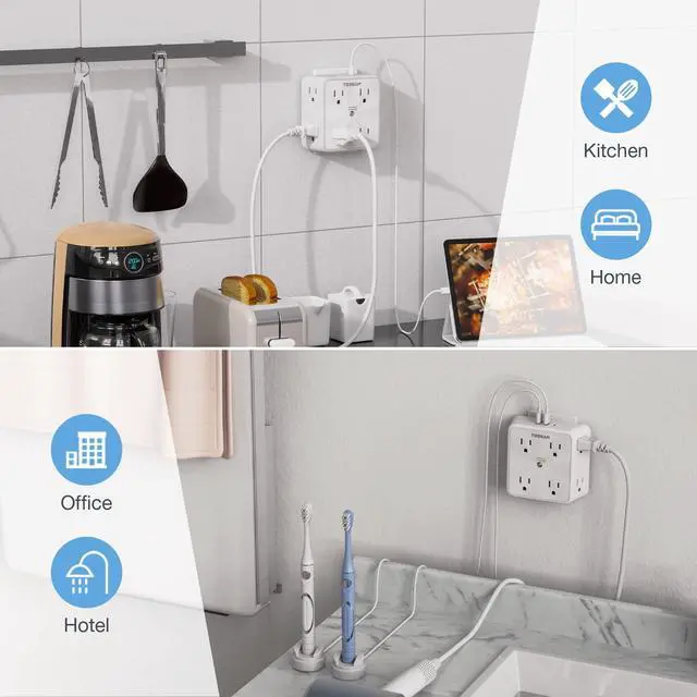 Alt view image 6 of 7 - Surge Protector 8 Outlet Extender, TESSAN Multi Outlet Splitter with 3 USB Wall Charger (1 USB C), 3-Sided Multiple Plug Power Strip 1700J, Charging Station for Home Office Dorm Room Essentials