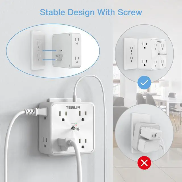 Alt view image 7 of 7 - Surge Protector 8 Outlet Extender, TESSAN Multi Outlet Splitter with 3 USB Wall Charger (1 USB C), 3-Sided Multiple Plug Power Strip 1700J, Charging Station for Home Office Dorm Room Essentials