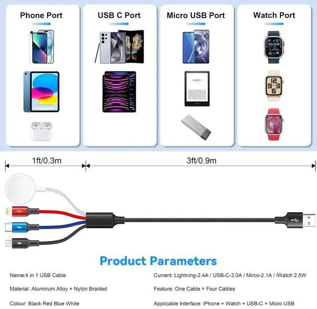Alt view image 5 of 7 - 4 in 1 Multi Charging Cable for Apple Watch Charger/iPhone 17 Charger/Lightning/Micro,USB C Charging Cable Cord,Vacation Camping Essentials,Portable Designed for iWatch & iPhone Series,Galaxy-4Ft