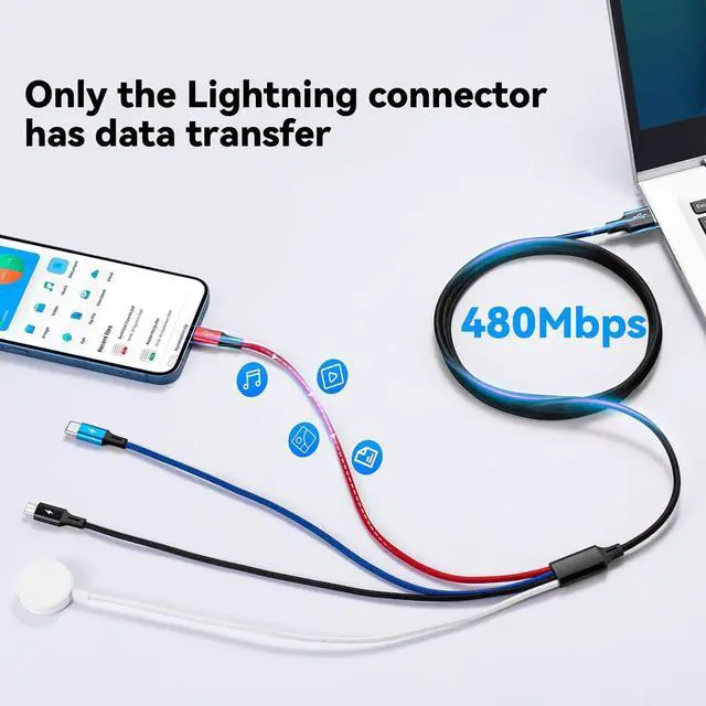 Alt view image 3 of 7 - Upgraded Multi Charging Cable 3.5A,6Ft 4 in 1 Braided Multi Fast Charging Cord with Lightning/Type C/Micro port for Apple Watch Charger Magnetic Wireless iWatch UItra/SE/Series 9-1/iPhone 17 16/Galaxy