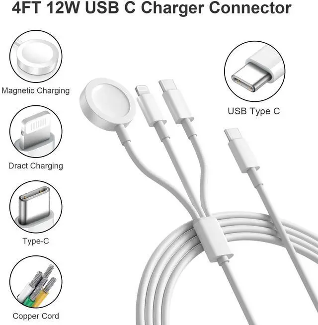 Alt view image 3 of 7 - for Apple Watch Charger 3 in 1 Magnetic iWatch Charger with USB-C Fast Charging Cable 4FT with 12W Wall for iPhone Apple Watch Series Ultra SE 11 10 9 8 7 6 5 4 3 & iPhone 17/16/15/Galaxy S23
