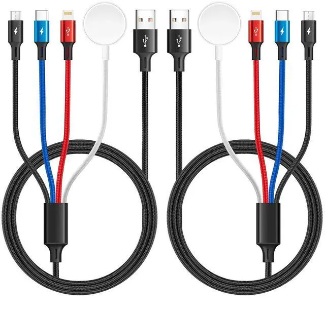 Main image of Upgraded Multi Charging Cable 3.5A,6Ft 4 in 1 Braided Multi Fast Charging Cord with Lightning/Type C/Micro port for Apple Watch Charger Magnetic Wireless iWatch UItra/SE/Series 9-1/iPhone 17 16/Galaxy