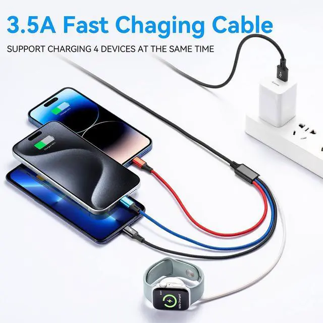 Alt view image 2 of 7 - Upgraded Multi Charging Cable 3.5A,6Ft 4 in 1 Braided Multi Fast Charging Cord with Lightning/Type C/Micro port for Apple Watch Charger Magnetic Wireless iWatch UItra/SE/Series 9-1/iPhone 17 16/Galaxy