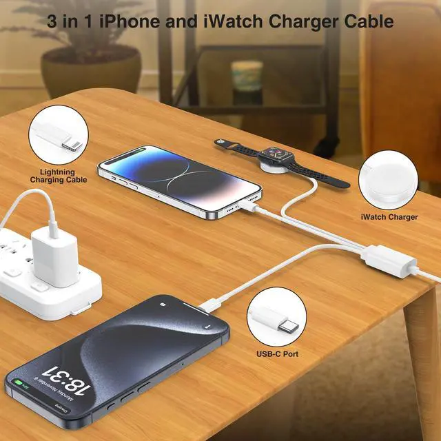 Alt view image 2 of 7 - Watch Charger,Apple iWatch Magnetic Fast Charger to USB C Cable,3 in 1 Multi Charging Cable 6 FT Compatible with Watch Series Ultra 3/2/SE/11/10/9/8/7/6/5/4/3/2/1,iPhone 17/16/15/14/13/12