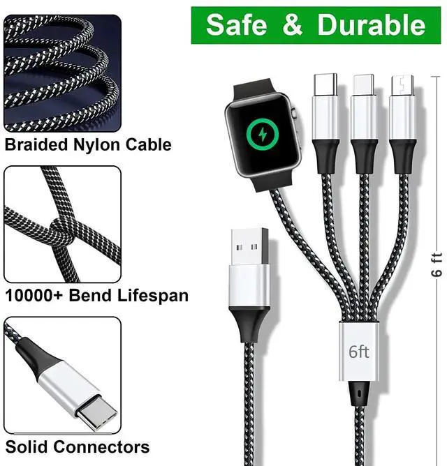 Alt view image 5 of 7 - Multi Charging Cable for Apple Watch, Magnetic Wireless Charger, 4 in 1 Nylon Braided Cord for Multiple Devices, USB C/Micro Port/Compatible with iWatch Series 10-1/iPhone 16 15 14/iPad/Android - 6FT