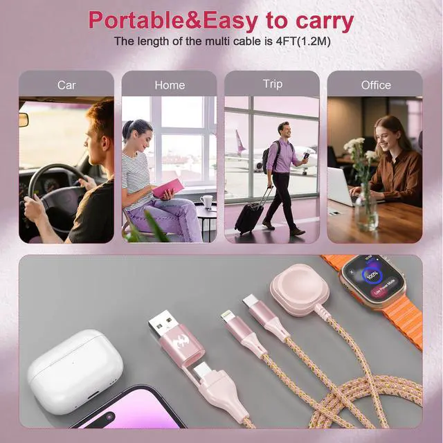 Alt view image 4 of 6 - Multi Charging Cable for Apple Watch Charger,6ft iPhone Watch 3 in 1 Charging Cable,USB A/C to Type C/Lightning Cable for iWatch Ultra/SE/10-2,iPhone 16-5s,iPad,Android Phones