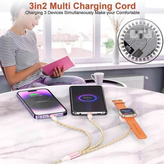 Alt view image 5 of 6 - Multi Charging Cable for Apple Watch Charger,6ft iPhone Watch 3 in 1 Charging Cable,USB A/C to Type C/Lightning Cable for iWatch Ultra/SE/10-2,iPhone 16-5s,iPad,Android Phones