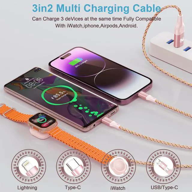 Alt view image 2 of 6 - Multi Charging Cable for Apple Watch Charger,6ft iPhone Watch 3 in 1 Charging Cable,USB A/C to Type C/Lightning Cable for iWatch Ultra/SE/10-2,iPhone 16-5s,iPad,Android Phones
