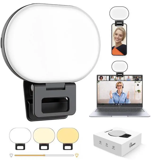 Main image of Selfie Light Clip-Must-Have for Influencers 3 Light Modes Side-Emitting Protects Eyes Fill Light for Phone, iPad & Laptop Rechargeable for iPhone&Android for Video Recording TikTok&Vlogging (Black)