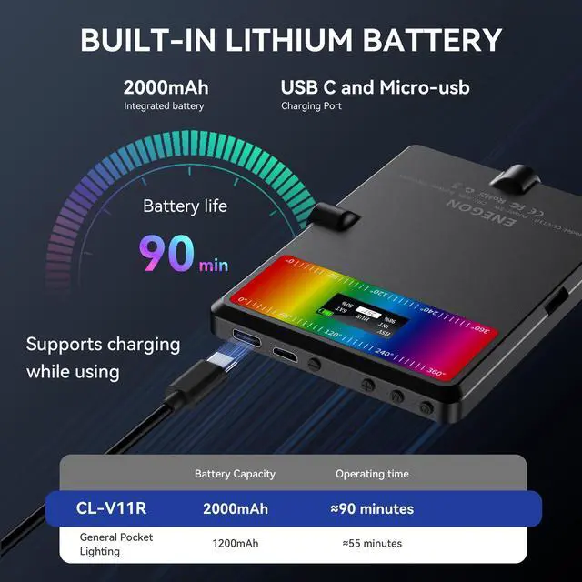 Alt view image 2 of 7 - ENEGON RGB Selfie Light, 360° Full Color RGB Video Light with 24 Effects, 78 LED 2000mAh Rechargeable CRI 95+ and 2500K-9000K CCT, Portable Clip on Light for Phone/Tablet/Laptop/Streaming