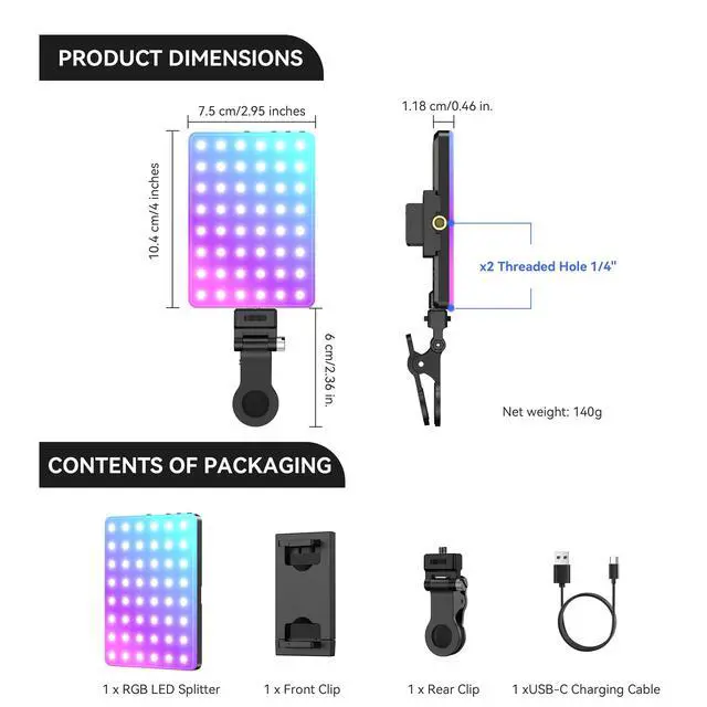 Alt view image 7 of 7 - ENEGON RGB Selfie Light, 360° Full Color RGB Video Light with 24 Effects, 78 LED 2000mAh Rechargeable CRI 95+ and 2500K-9000K CCT, Portable Clip on Light for Phone/Tablet/Laptop/Streaming