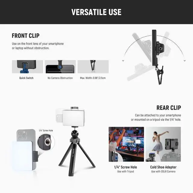 Alt view image 7 of 7 - NEEWER BASICS VL67B Phone Selfie Light for iPhone with APP Control, Bi Color 2000mAh Clip On Fill Light for Vlogging Recording Live Streaming, Computer/Laptop/Webcam/Monitor Video Conference Lighting